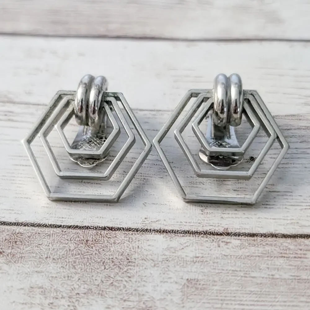 Vintage Clip On Earrings Silver Tone Geometric Large Statement - Picture 2 of 5